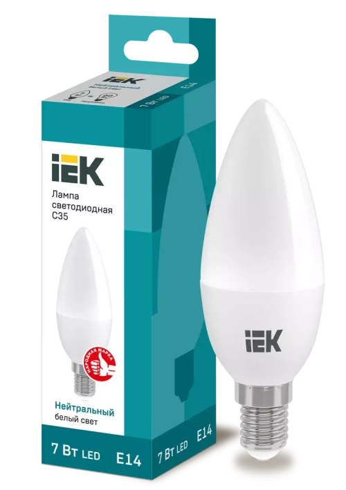 Лампа светодиодная ECO C35 свеча 7Вт 230В 4000К Е14 IEK  LLE-C35-7-230-40-E14