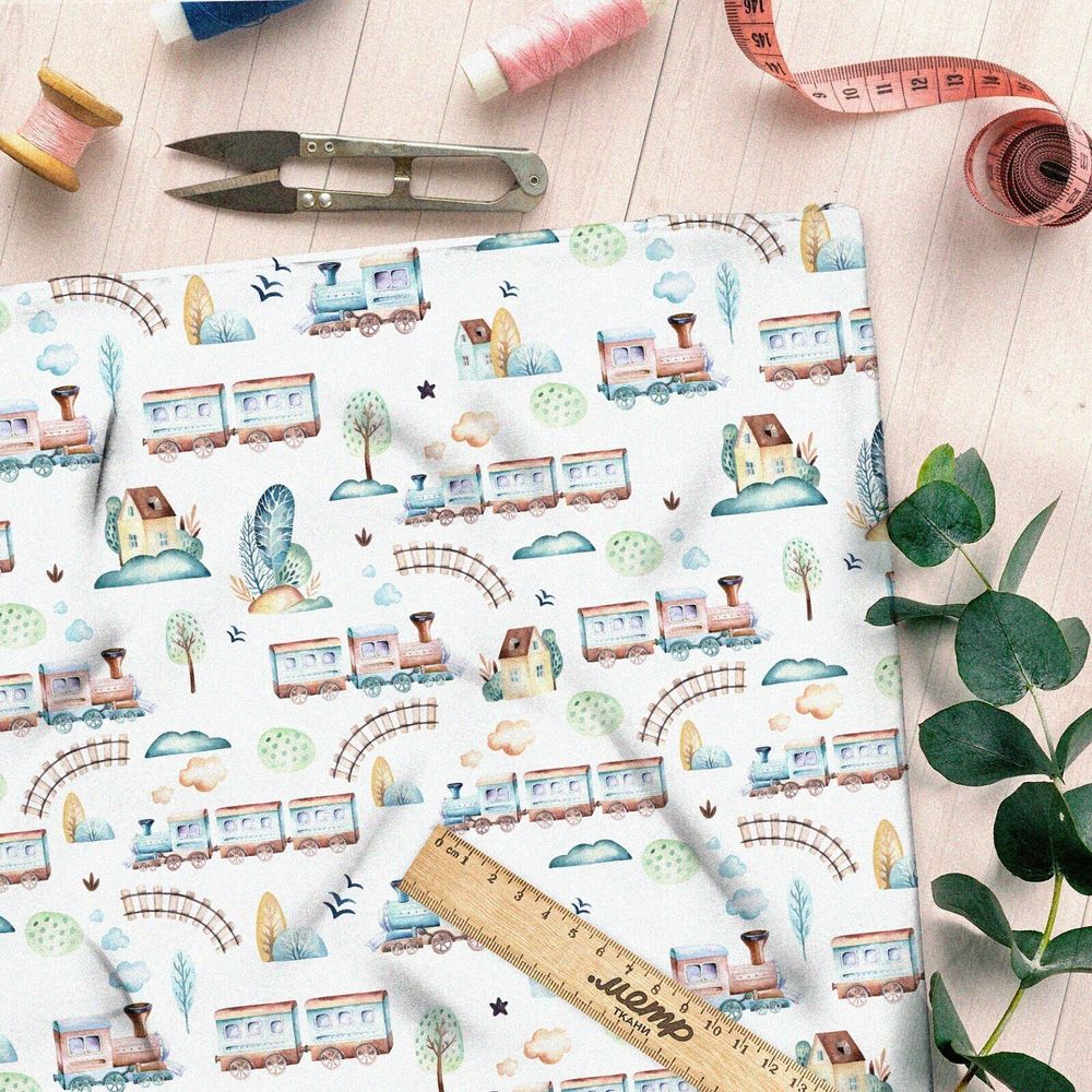 Ткань мембрана акварельные паровозики