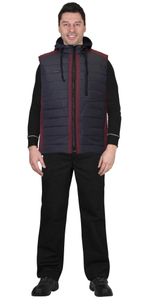 Жилет утепленный с капюшоном сине-серый с бордовым