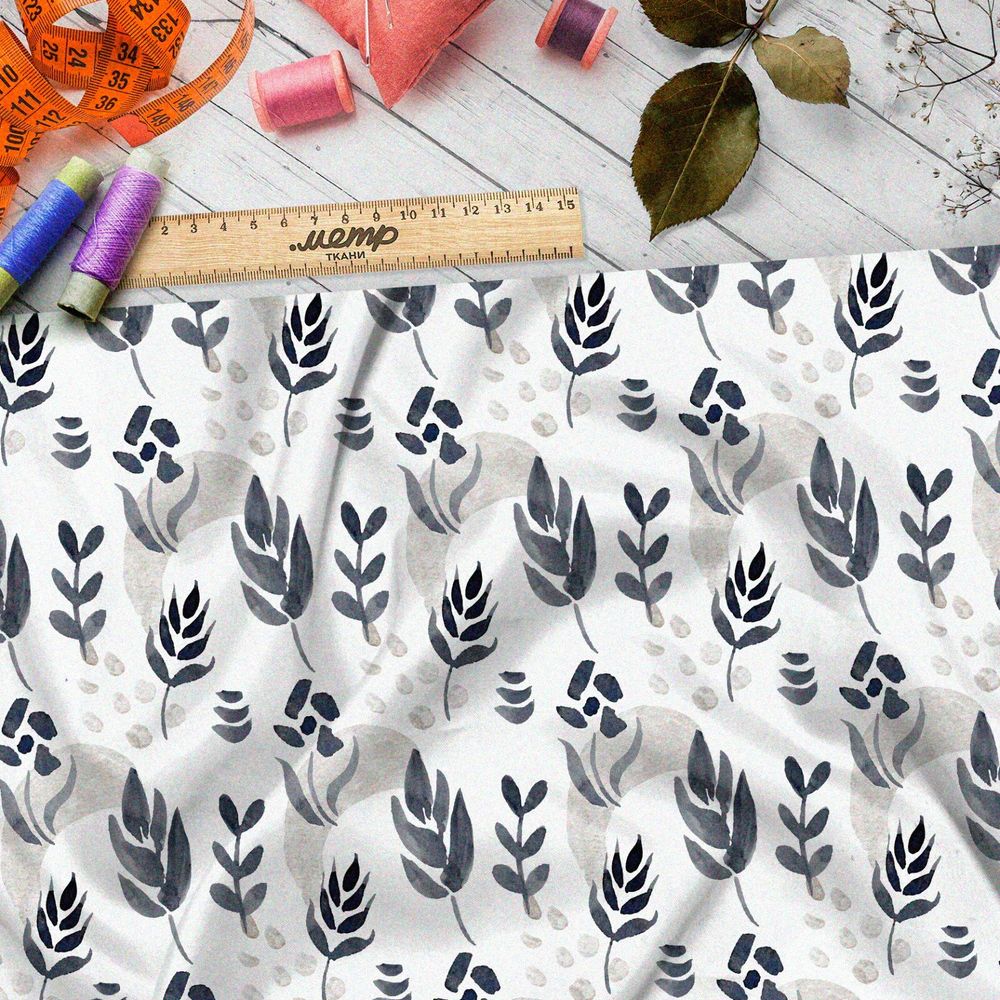 Ткань футер 2-х нитка чёрные акварельные листья на белом фоне