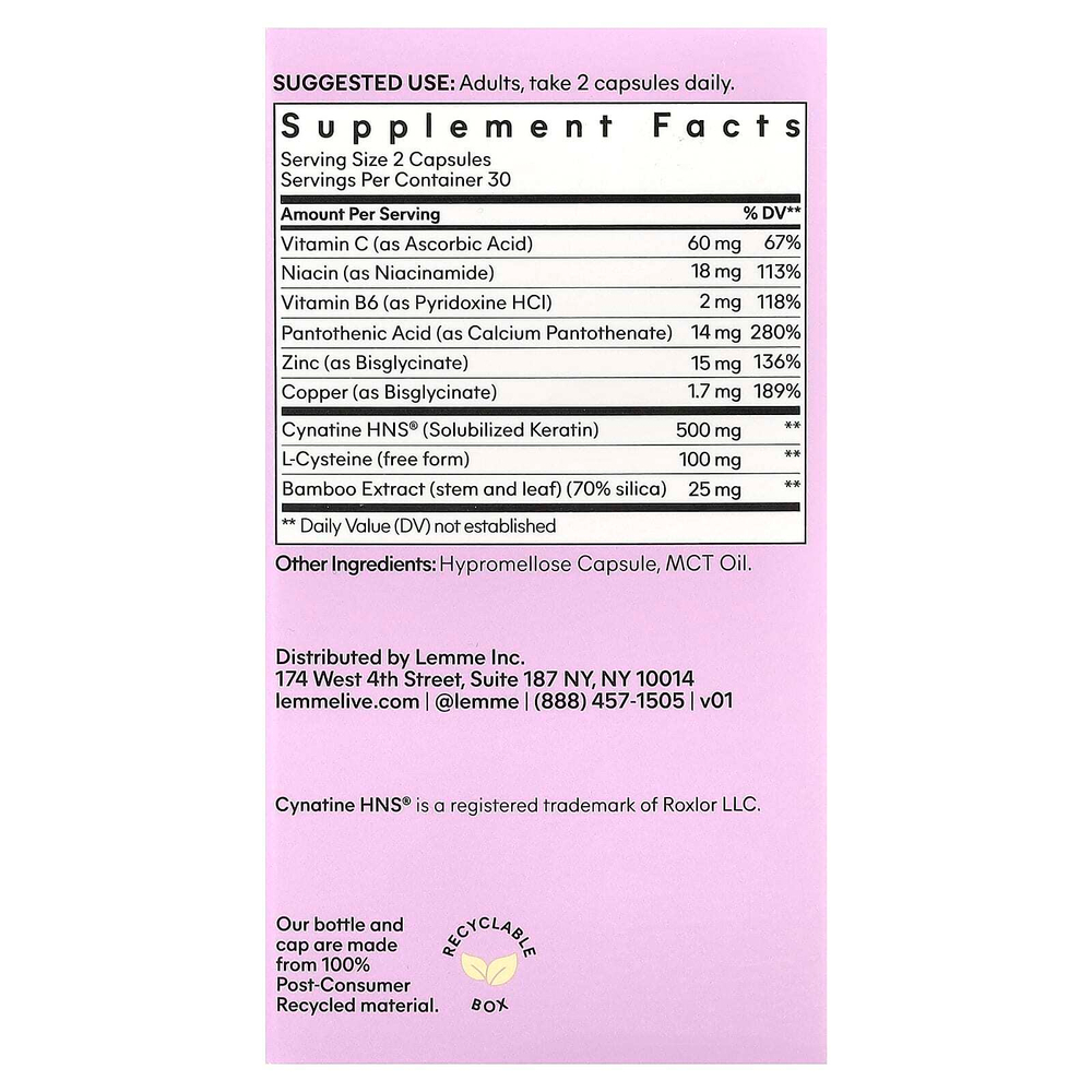 Lemme, Grow, средство для роста волос и против выпадения, 60 капсул
