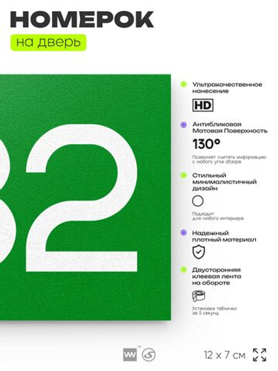 Номер на дверь 432, табличка на дверь для офиса, квартиры, кабинета, аудитории, склада, зеленая 120х70 мм, Айдентика Технолоджи