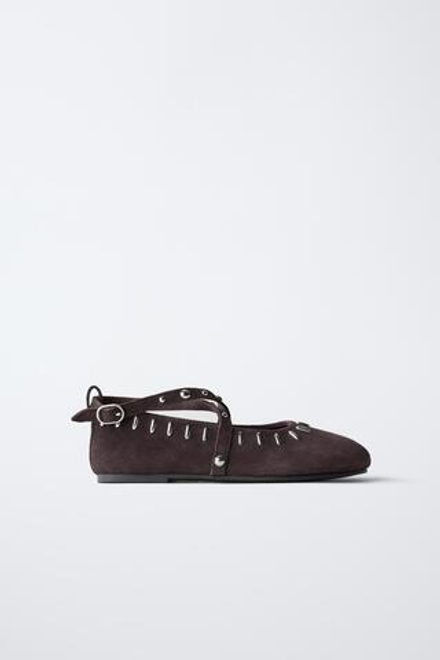 ZARA ЗАМШЕВЫЕ БАЛЕТКИ С ЗАКЛЕПКАМИ, ЛИЛОВЫЙ