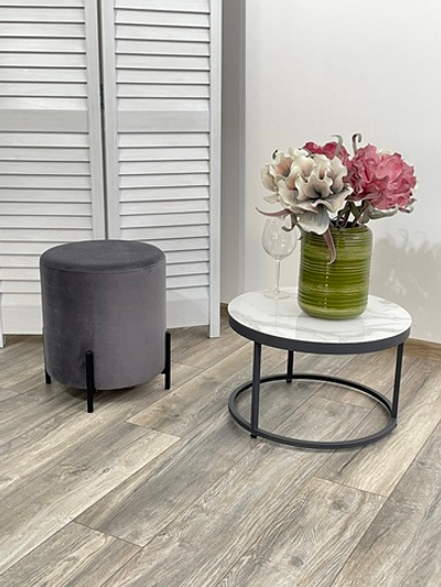 Пуф для гостиной ФЕЛИКС круглый серый #27, велюр / черный каркас М-City