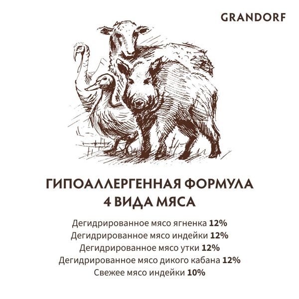 Уценка! Срок 30.08.26/ Сухой корм Grandorf DOG 4 Meat PROBIOTIC MED&MAXI для взрослых собак средних и крупных пород, 4 мяса с пробиотиками