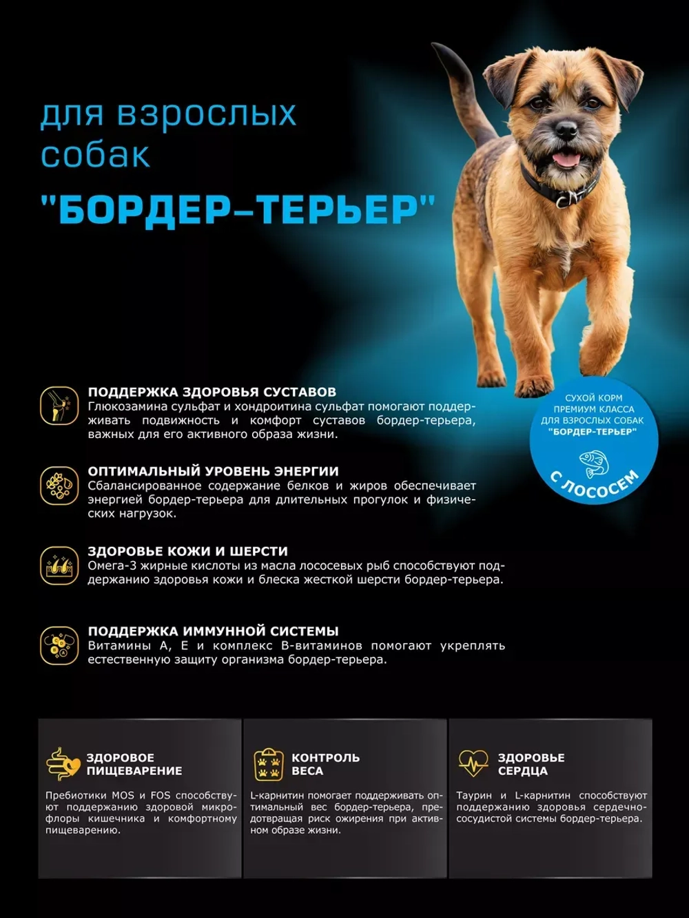 Корм сухой для собак породы Бордер-терьер, с лососем, 2,5 кг