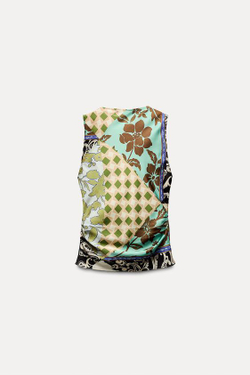 ZARA АТЛАСНЫЙ ТОП С ПРИНТОМ В СТИЛЕ ПЭЧВОРК, РАЗНОЦВЕТНЫЙ