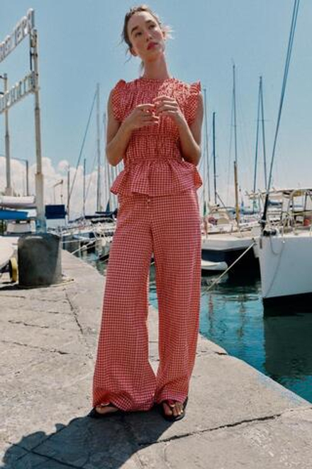 ZARA ШИРОКИЕ БРЮКИ В КЛЕТКУ ВИШИ, БЕЛЫЙ/КРАСНЫЙ
