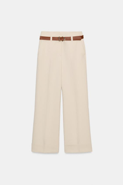 ZARA БРЮКИ С ОТВОРОТАМИ И РЕМНЕМ, ЭКРЮ