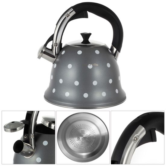 Чайник 2,5 л. из нержавеющей стали со свистком Kamille KM-1099 с рисунком "горошек"