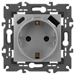 Розетка ЭРА Elegance 14-4108-03 2P+E 16A-250В со шторками с USB type-A+C 5В-3А алюминий | Розетки и выключатели