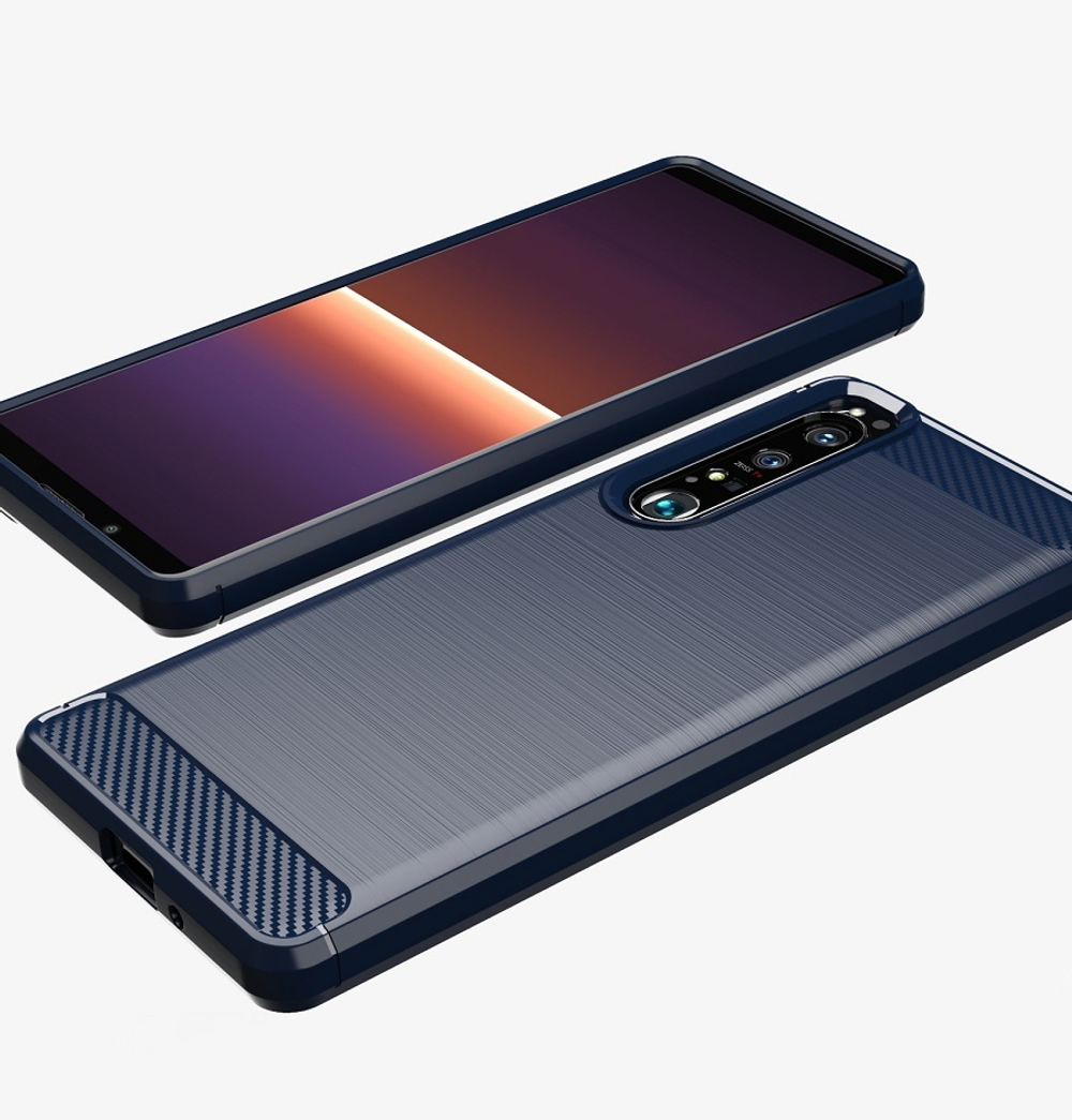 Мягкий чехол синего цвета в стиле карбон для Sony Xperia 1 IV (Mark 4) с 2022 года, серия Carbon от Caseport