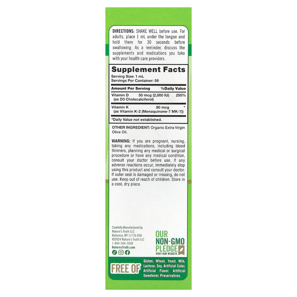 Nature's Truth, K2 и D3 с MK-7 в виде капель, 59 мл (2 жидк. унции)