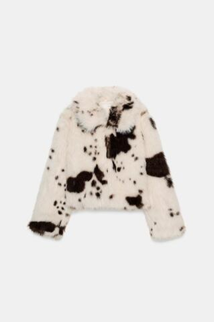 ZARA КОРОТКАЯ ШУБА ИЗ ИСКУССТВЕННОГО МЕХА С АНИМАЛИСТИЧЕСКИМ ПРИНТОМ, КОРИЧНЕВЫЙ/БЕЛЫЙ