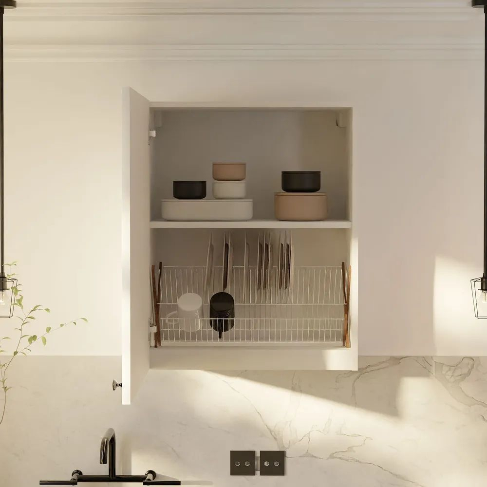 Навесной кухонный шкаф 60 см Авери, из МДФ и ЛДСП, для сушки посуды с дверью и полкой / белый