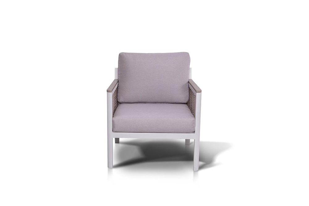 "Сан Ремо" кресло плетеное из роупа садовое, каркас алюминий белый, роуп бежевый, ткань бежевая