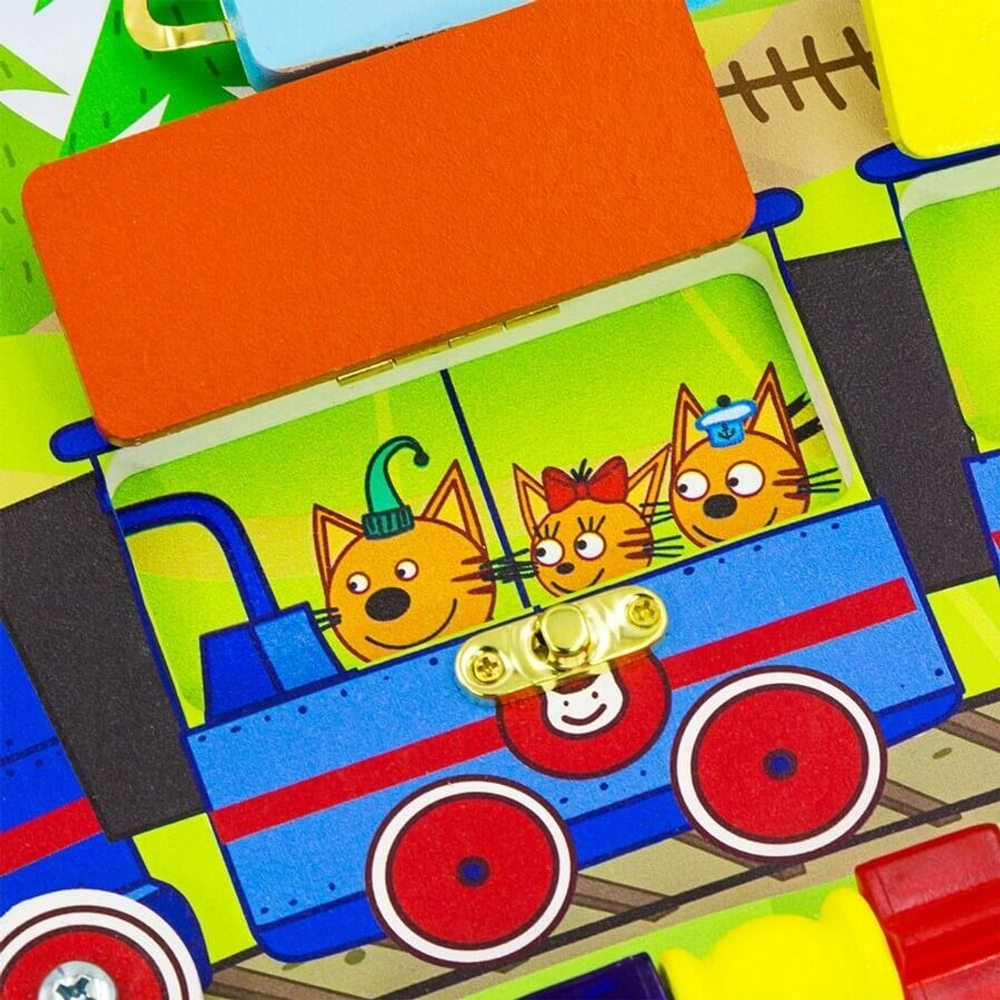 Бизиборд "Паровозик" Три кота, развивающая игрушка для детей, обучающая игра из дерева