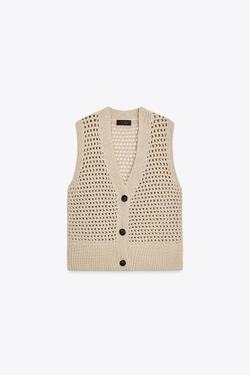 ZARA ТРИКОТАЖНЫЙ ЖИЛЕТ С ОТКРЫТОЙ ВЯЗКОЙ, ПЕСОЧНЫЙ