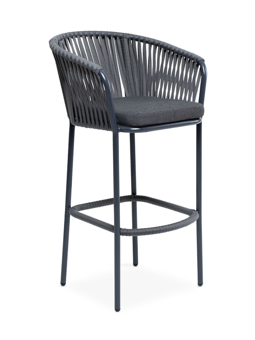 "Бордо" стул барный плетеный из роупа, каркас из стали темно-серый (RAL7024) муар, роуп серый 15мм, ткань темно-серая 027 NEW