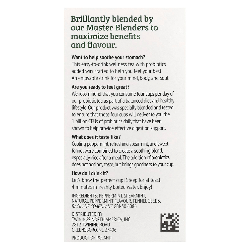 Twinings, Herbal Tea, перечная мята с пробиотиками, без кофеина, 18 чайных пакетиков, 36 г (1,27 унции)