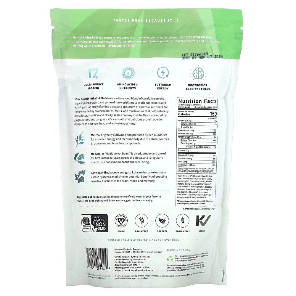 Sprout Living, Epic Protein, питательный матча, 456 г (1 фунт)