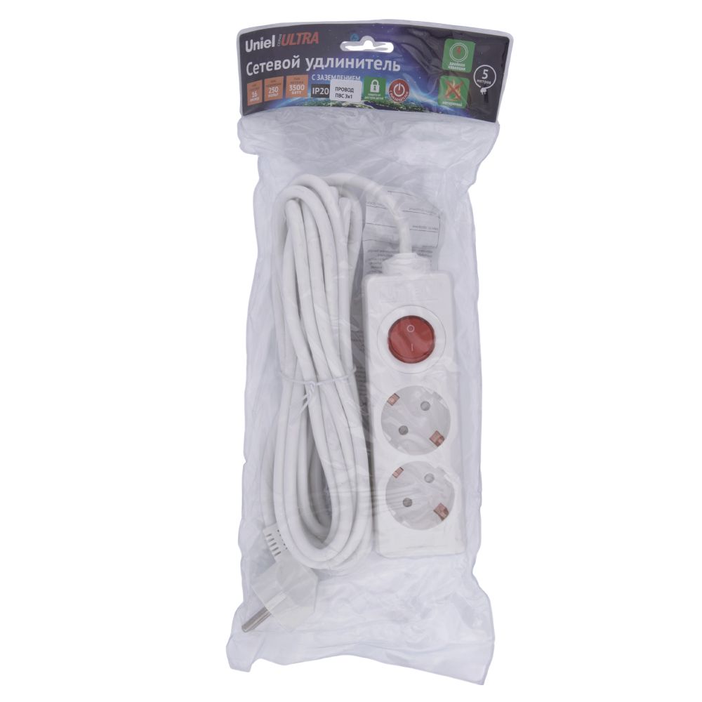 S-GCU2-5B WHITE Удлинитель серии Ultra. шнур 5м.. 2 гнезда. 16A. с-з. Белый. TM Uniel