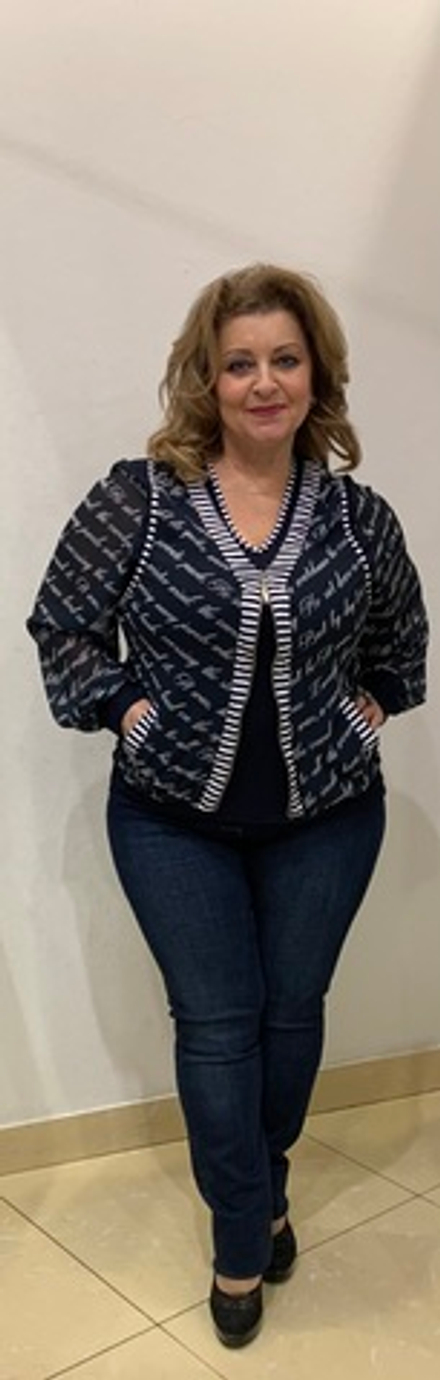 Сине-белый блузон -"обманка" с шифоновыми рукавами