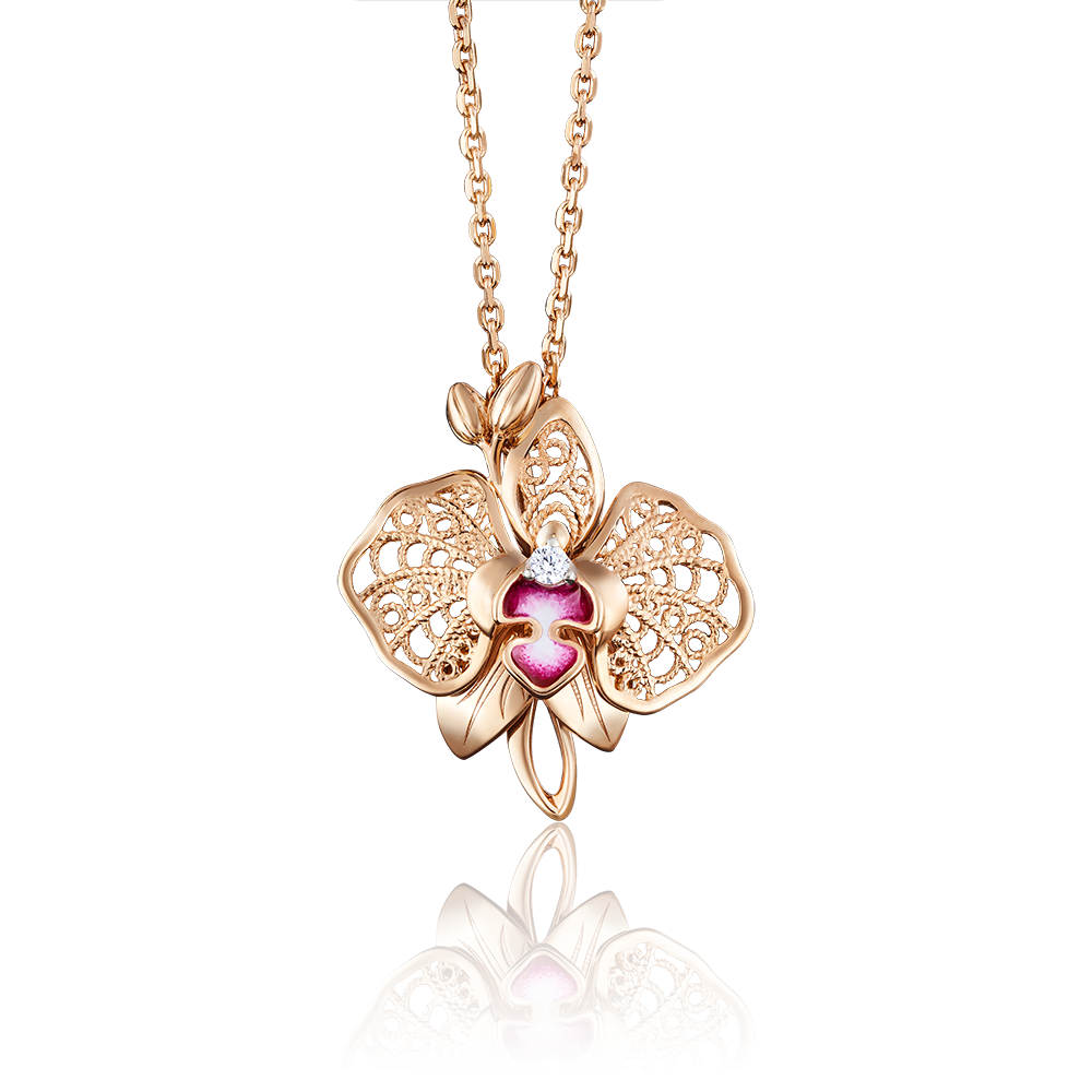 Подвеска «Орхидея» из красного золота с фианитом и эмалью