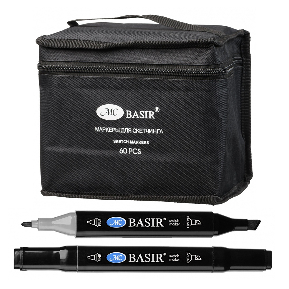 Маркер для скетчинга, двусторонние, Basir, на подставке, четырёхгранные, 14 мм, спиртовые, 60 шт