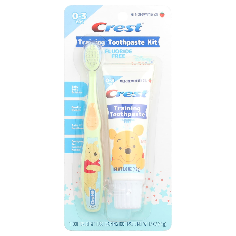 Crest, набор с зубной пастой для обучения детей, мягкая щетина, для детей от 0 до 3 лет, Винни Пух, нежная клубника, 1 набор