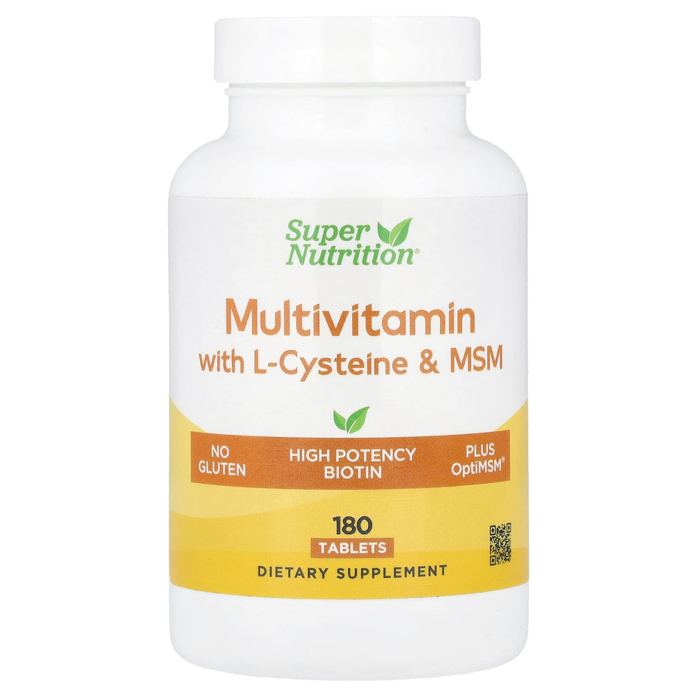Super Nutrition, мультивитамины с L-цистеином, МСМ, витамином A и биотином, 180 таблеток