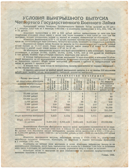 Облигация 200 рублей 1945 год. 4-ый государственный военный заем. Серия 073349. VF