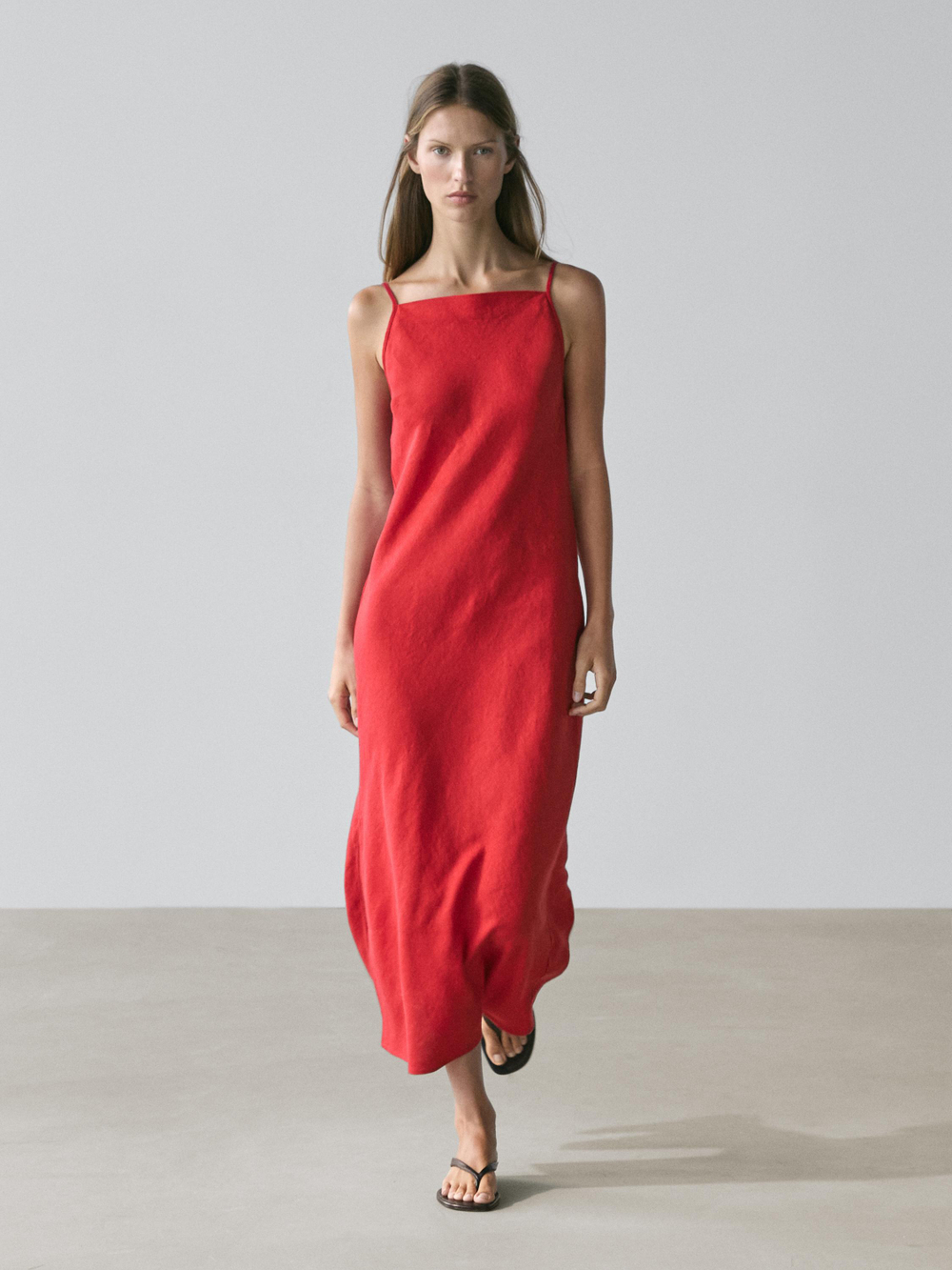 Massimo Dutti Льняное платье миди с квадратным вырезом, красный