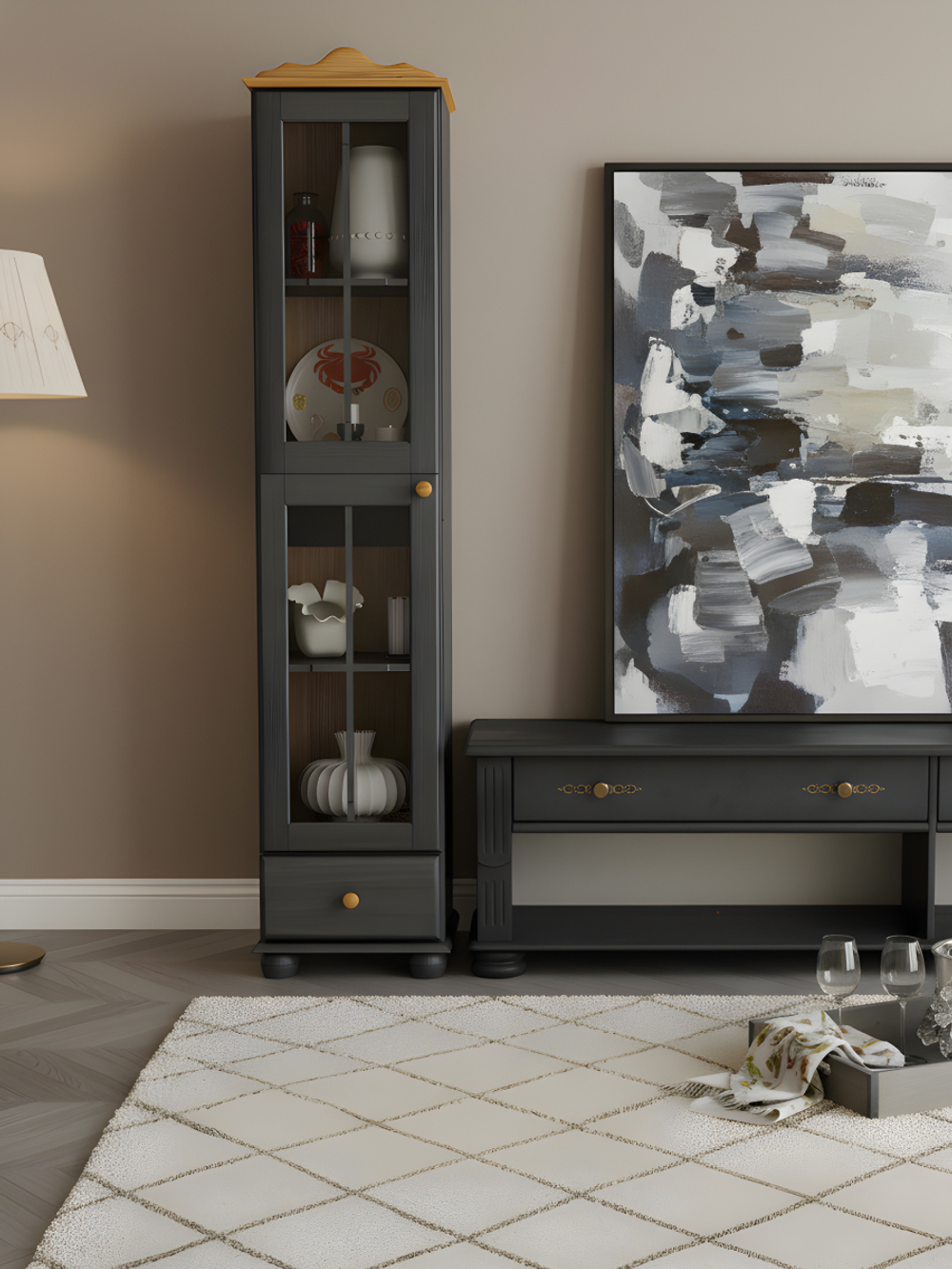 Шкаф витрина 1 дверь 1 ящик Бритта из массива сосны, серый