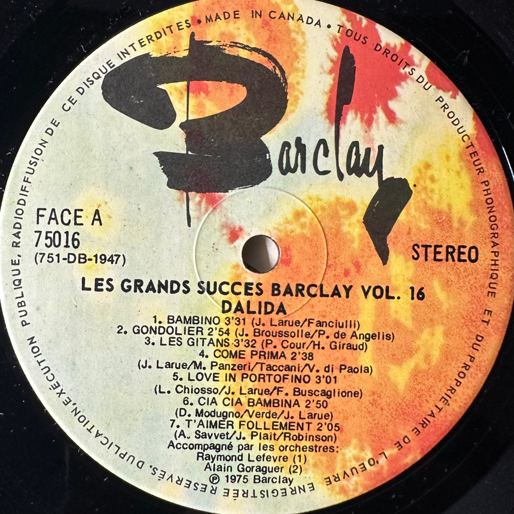 Dalida ‎– Les Grands Succès Barclay Vol. 16 (Канада 1975г.)