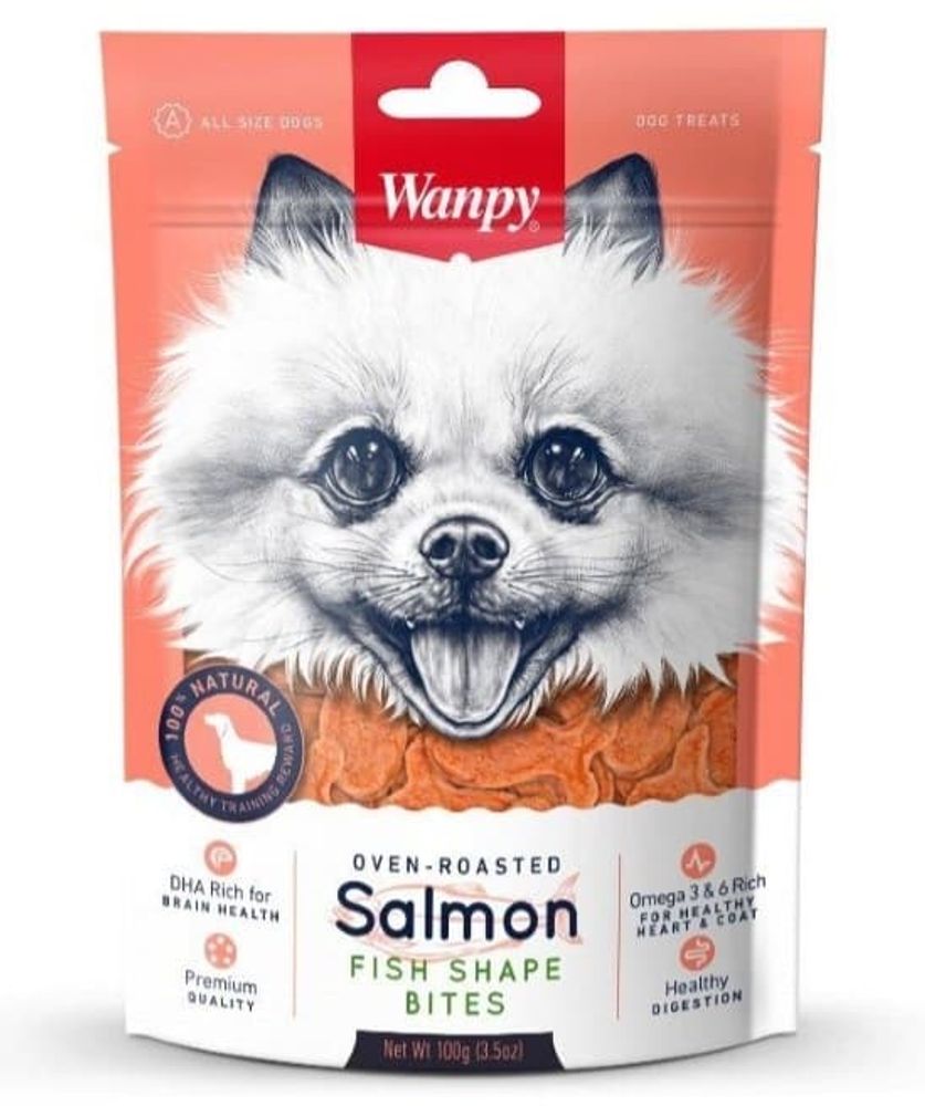 Лакомство для собак Wanpy Dog лакомые кусочки из нежного лосося в форме рыбок 100 г