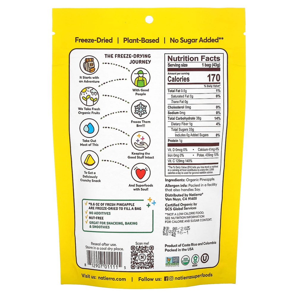 Natierra, органический сублимированный ананас, 43 г (1,5 унции)