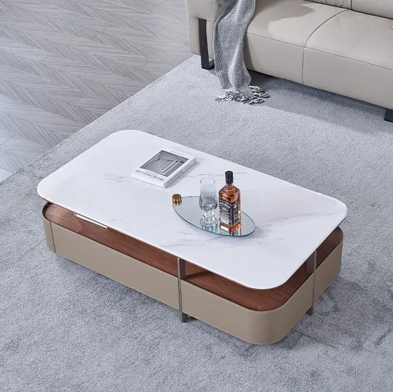 Журнальный столик 4636, белая керамика, шпон ореха, бежевая экокожа
