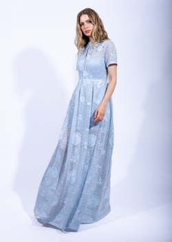 Женское дизайнерское платье голубого цвета с коротким рукавом