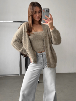 Комплект двойка вязаный, пушистый, топ и короткий кардиган