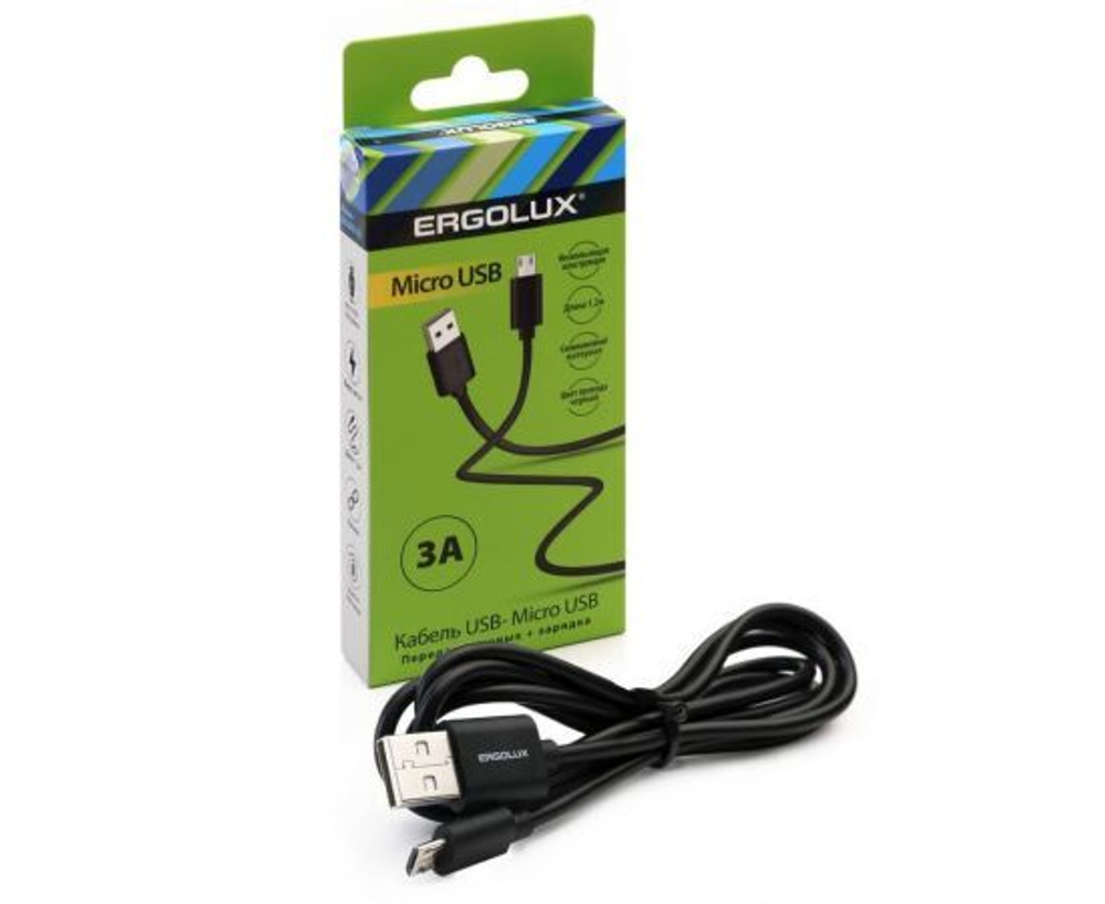 Кабель USB ELX-CDC03-C02 USB-Lightning 3А 1.2м, зарядка+передача данных коробка черный ERGOLUX 15096