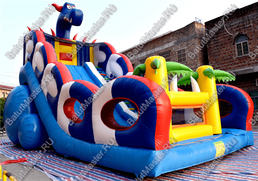 Коммерческий надувной батут-горка "Дракон" 10*5*8 м,без шипов сине-белый