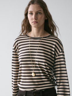 Massimo Dutti Футболка оверсайз в полоску с длинными рукавами, коричневый