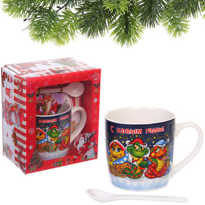 Кружка керамическая 200мл «Трио змеек» с ложкой в подарочной коробке