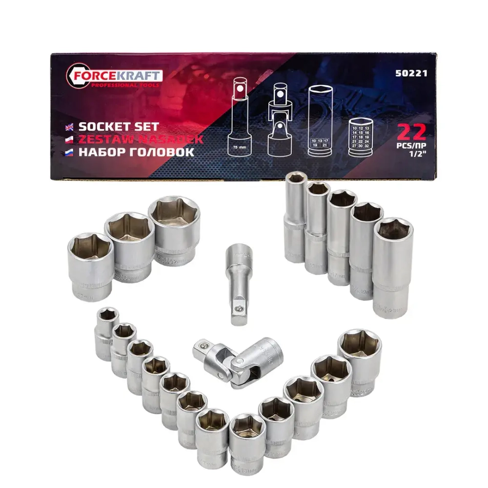 Набор головок 22пр.1/2''(6гр.)(10,12-19,21,22,24,27,30,32, удлин.-е:10,13,17,19,21)в кейсе FORCEKRAFT FK-50221