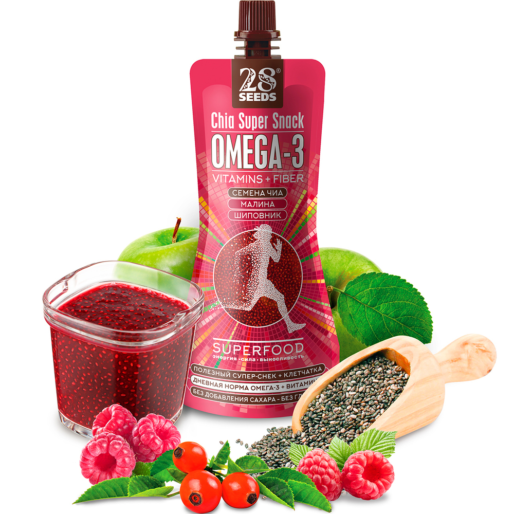 Супер-снек 28SEEDS, полезные смузи без сахара Чиа Омега-3 Малина-Шиповник, омега 6, клетчатка, протеин, фруктовое пюре
