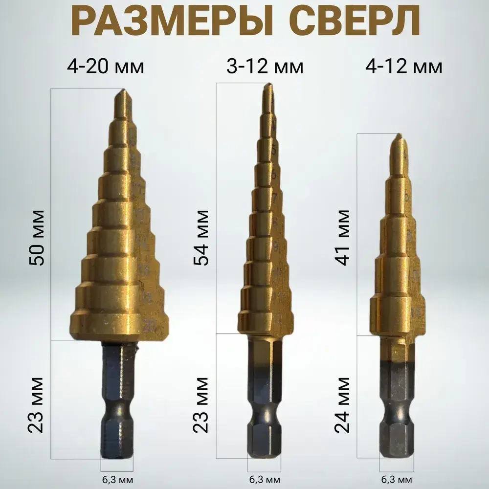 Набор ступенчато конусных сверл по металлу и дереву с титановым покрытием 3шт (3-12 мм, 4-12мм, 4-20мм) / Сверло ступенчатое набор 3 в 1