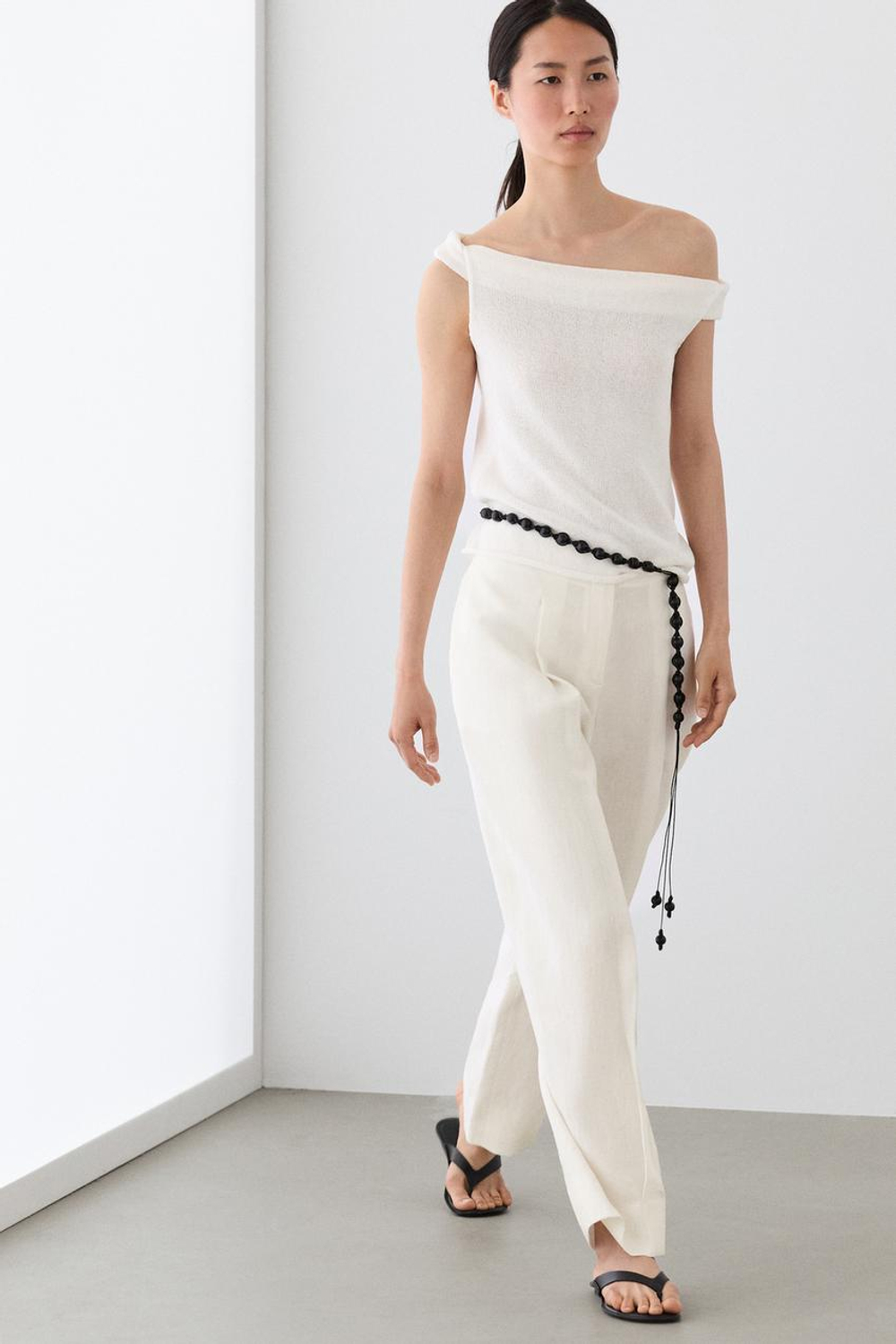 Massimo Dutti Льняные брюки с вытачками и манжетами, экрю