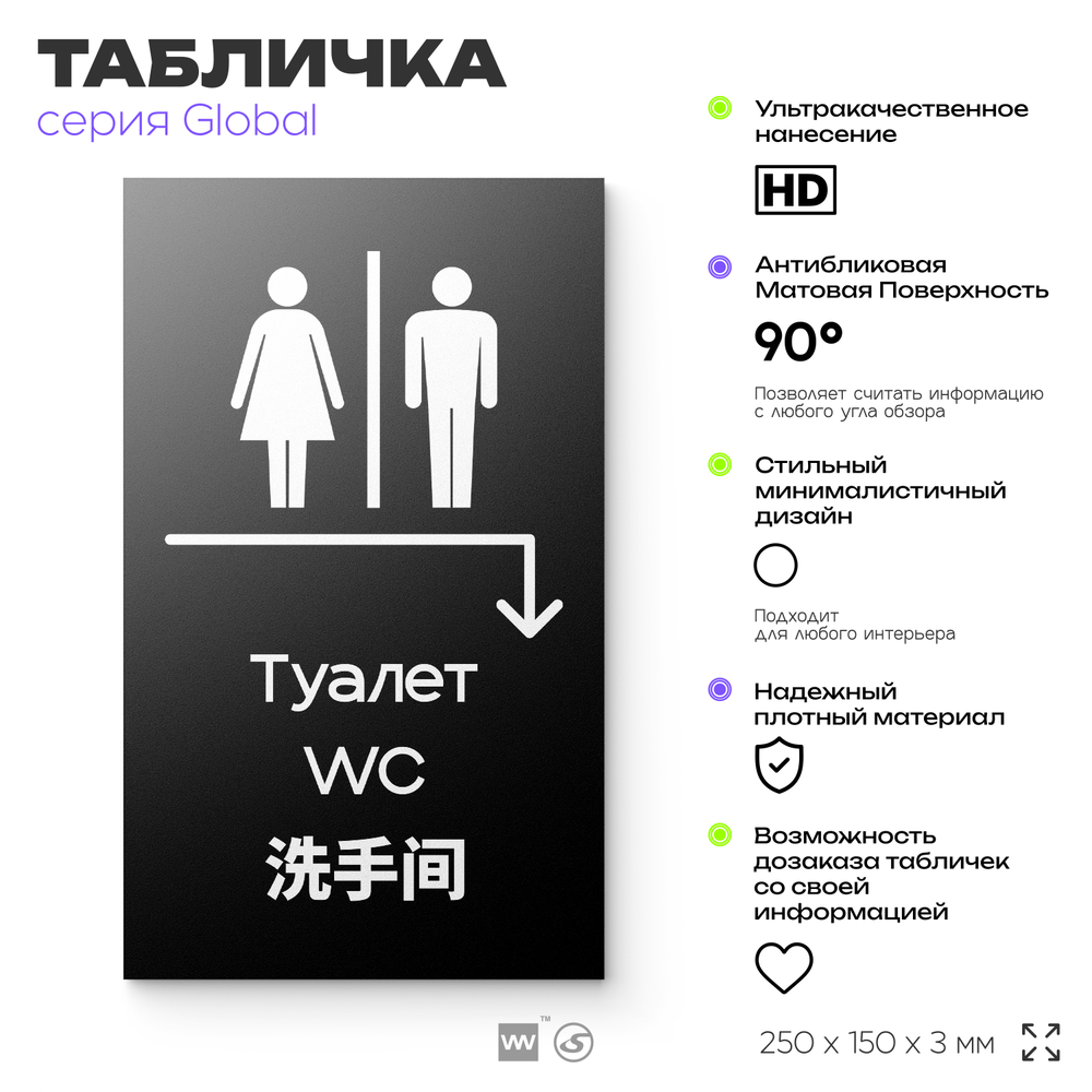 Табличка "Туалет направо и направо", на дверь и стену, информационная и мультиязычная (русский, английский, китайский), серия GLOBAL, 25х15 см, Айдентика Технолоджи