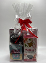 Подарочный набор 080326 арт! рахат лукум джойко 500гр\кофе фреско 100гр\чай+крем мед расцветай\открытка самой самой.